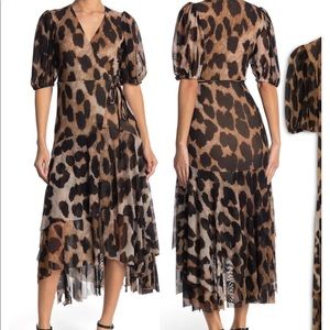 Ganni leopard print mesh midi wrap dress